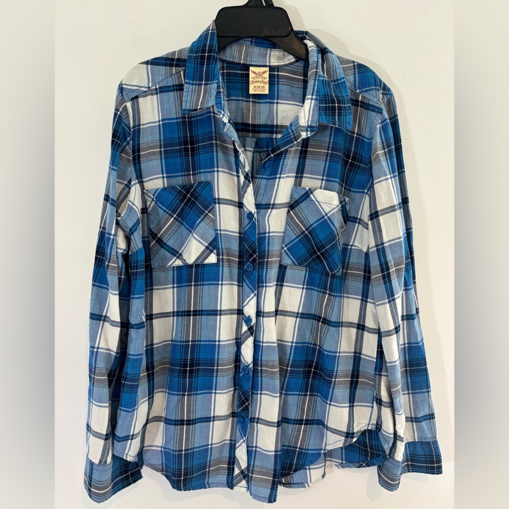 Faded Glory Womens Medium 8-10 Long Sleeve Button Down Plaid Shirt Blue Casual